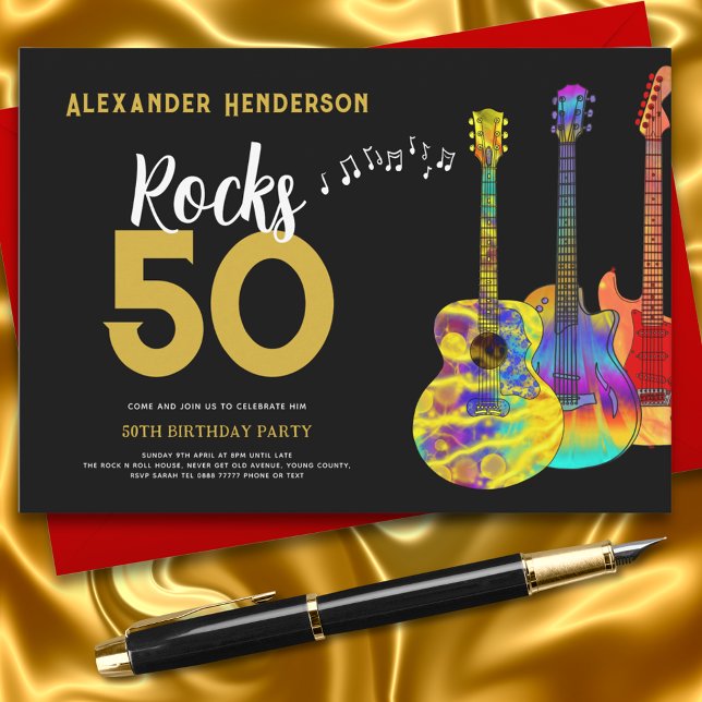 Rock and Roll 50th birthday party  Invitation (Rock and roll guitar black and gold 50th birthday party invitation )