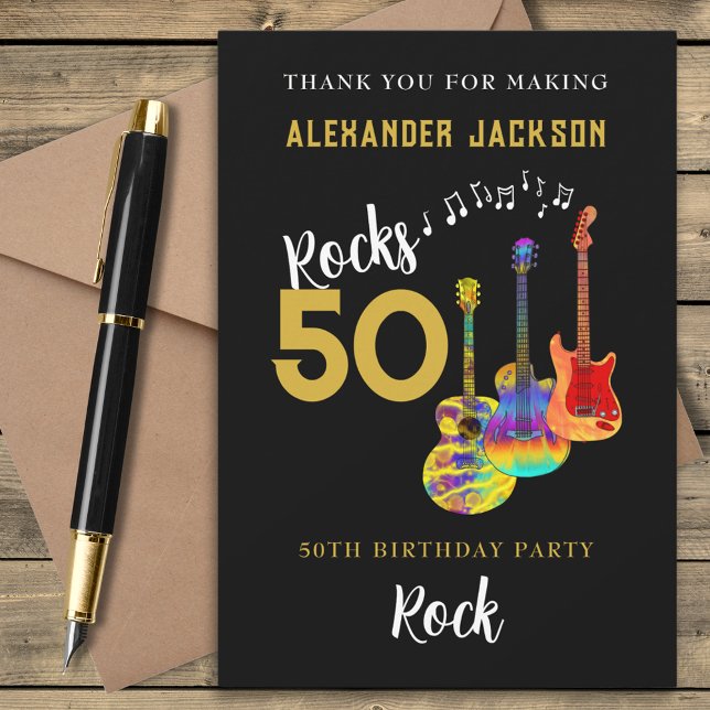 Rock and Roll 50th Birthday Party Thank You Card (Rock and roll 50th birthday party thank you card funky guitars cool gold typography on black)