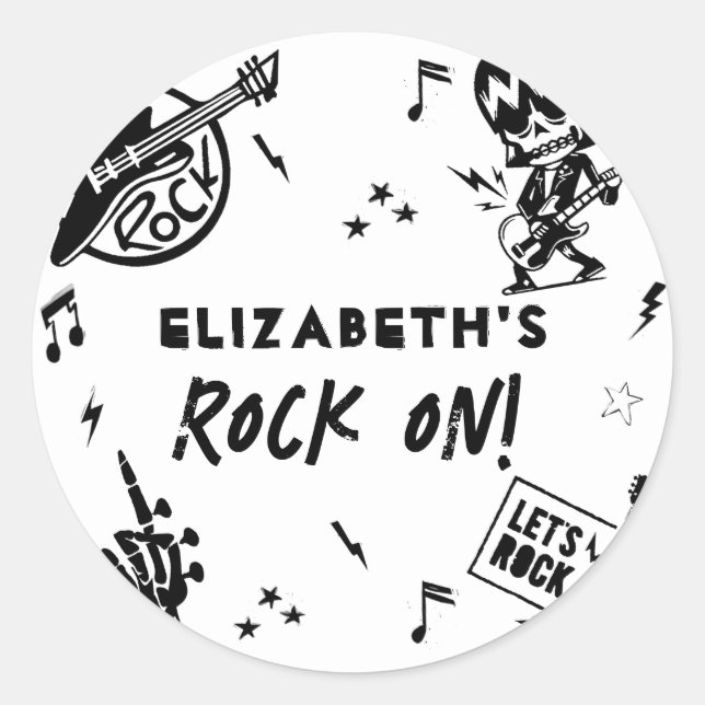 Rock and Roll Black & White Birthday Party Classic Round Sticker (Front)