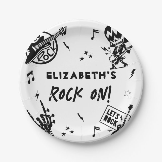 Rock and Roll Black & White Birthday Party Paper Plate (Front)