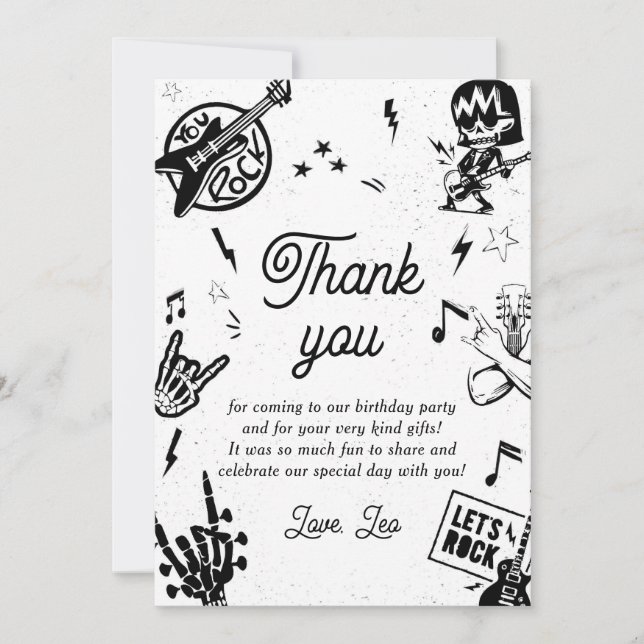 Rock and Roll Black White Birthday Thank You Card (Front)