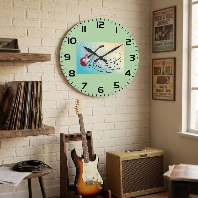 Rock and Roll Electric Guitar Swirling Music Notes Large Clock (Creator Uploaded)