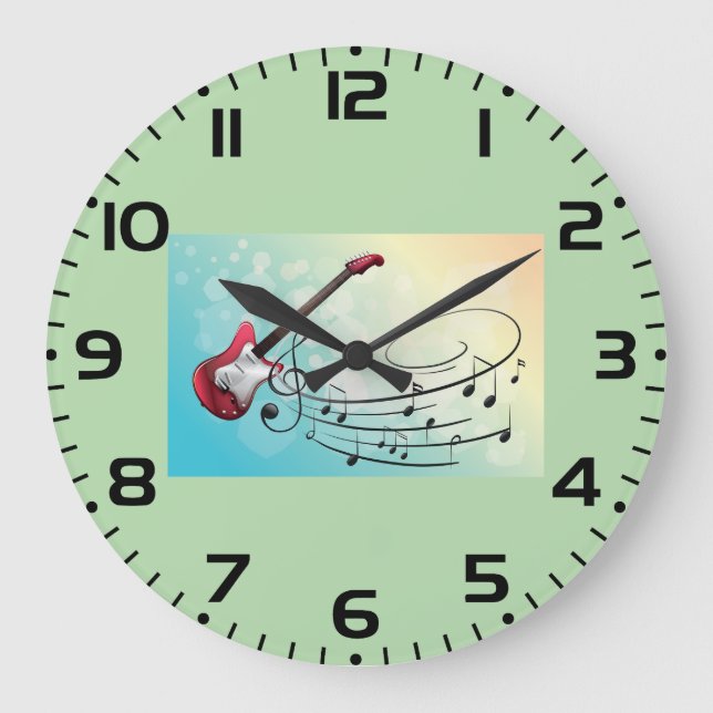 Rock and Roll Electric Guitar Swirling Music Notes Large Clock (Front)