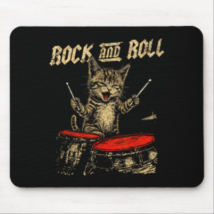 Rock And Roll Funny Cat Playing Drum For Men Women Mouse Pad