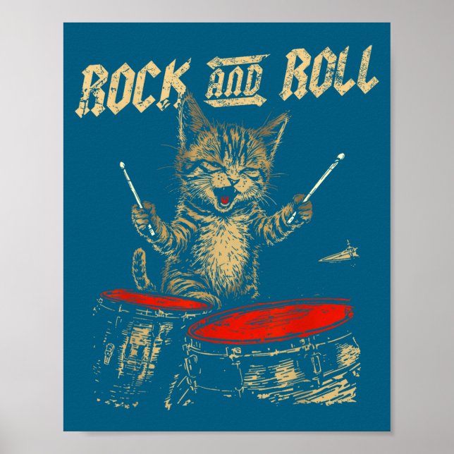 Rock And Roll Funny Cat Playing Drum For Men Women Poster (Front)