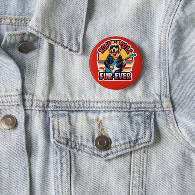 Rock and Roll Fur-Ever Golden Retriever Dog  2 Inch Round Button (In Situ)