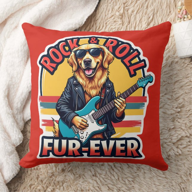 Rock and Roll Fur-Ever Golden Retriever Dog  Throw Pillow (Blanket)