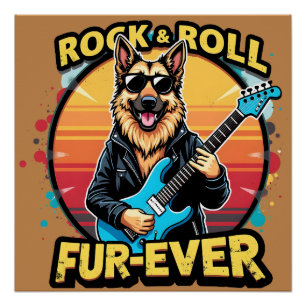Rock and Roll German Shepherd Retro Sunset Art Poster