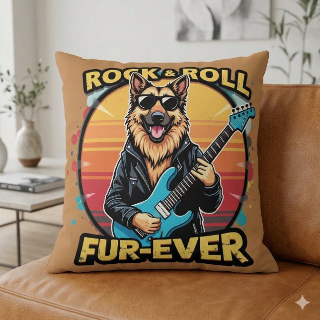Rock and Roll German Shepherd Retro Sunset Art Throw Pillow (Rock and Roll German Shepherd Retro Sunset Art Throw Pillow Mockup A)