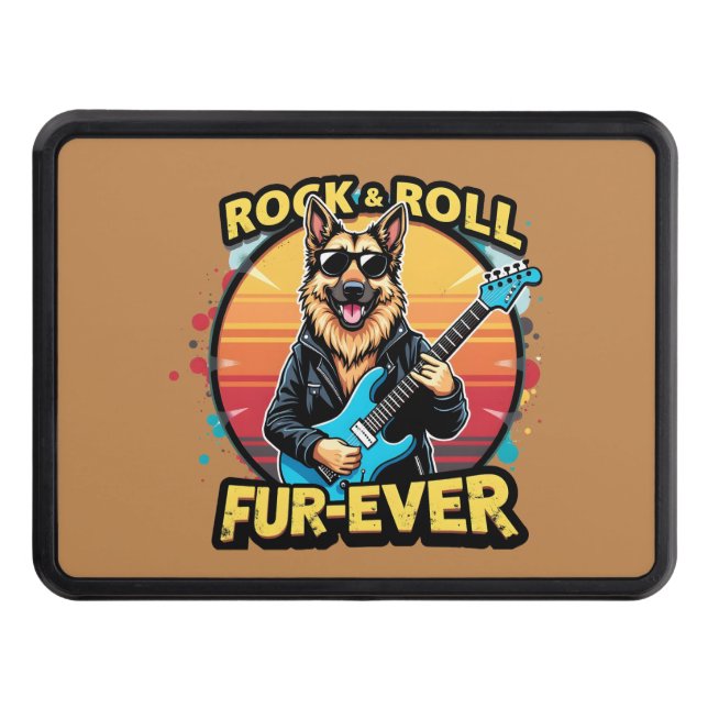 Rock and Roll German Shepherd Retro Sunset Art Trailer Hitch Cover (Front)