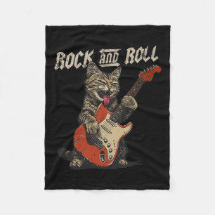 Rock And Roll Guitar Cat Vintage Rock Guitarist Ca Fleece Blanket