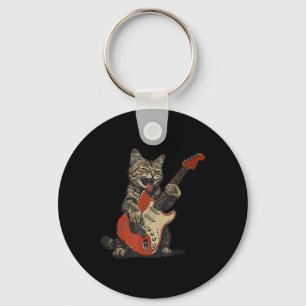 Rock And Roll Guitar Cat Vintage Rock Guitarist Ca Keychain