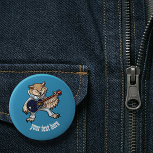 Rock and Roll Guitar Owl in Jumpsuit Cartoon 2 Inch Round Button