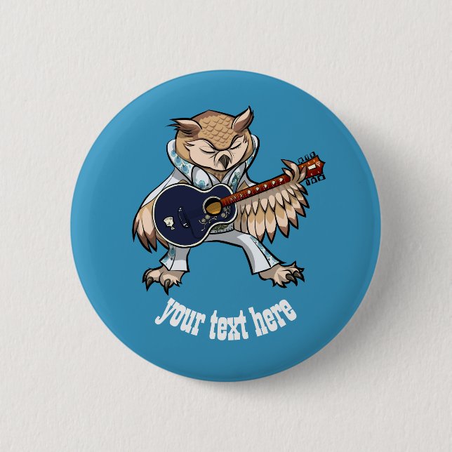 Rock and Roll Guitar Owl in Jumpsuit Cartoon 2 Inch Round Button (Front)