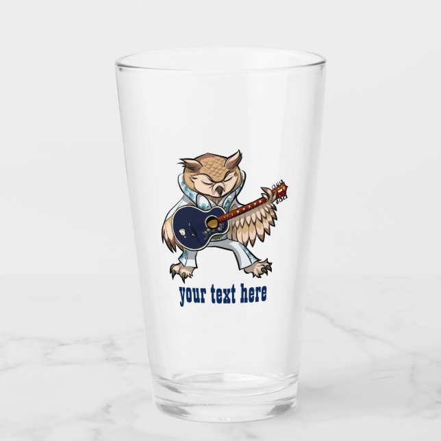 Rock and Roll Guitar Owl in Jumpsuit Cartoon Glass (Front)