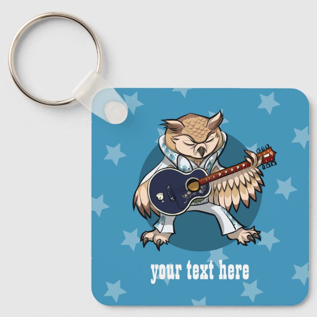 Rock and Roll Guitar Owl in Jumpsuit Cartoon Keychain (Front)