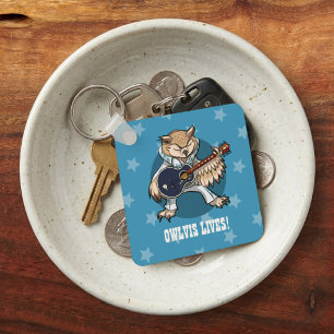 Rock and Roll Guitar Owl in Jumpsuit Cartoon Keychain