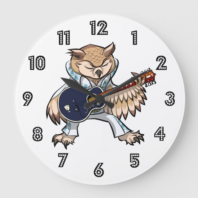 Rock and Roll Guitar Owl in Jumpsuit Cartoon Large Clock (Front)