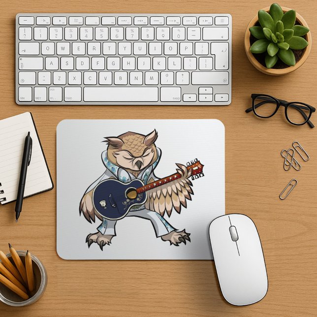 Rock and Roll Guitar Owl in Jumpsuit Cartoon Mouse Pad (Creator Uploaded)