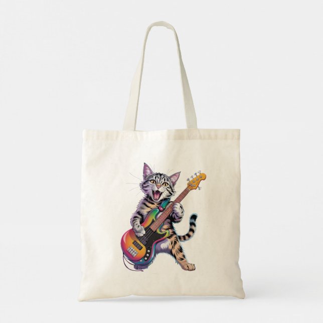 Rock And Roll guitar playing cat Tote Bag (Back)