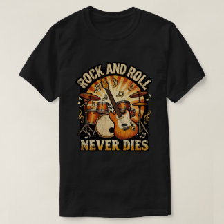 Rock and roll never dies vintage guitar & drum Tee