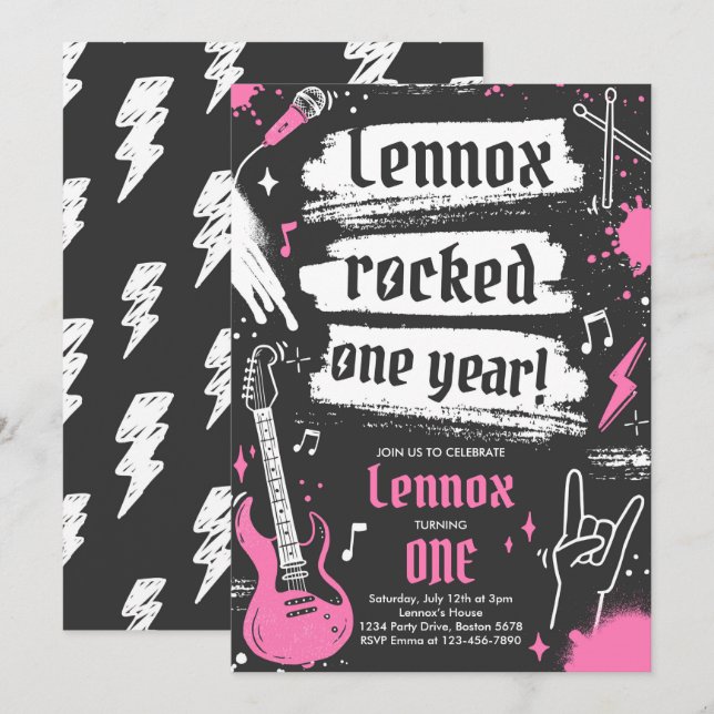 Rock and Roll Party Rocked One Year 1st Birthday Invitation (Front/Back)