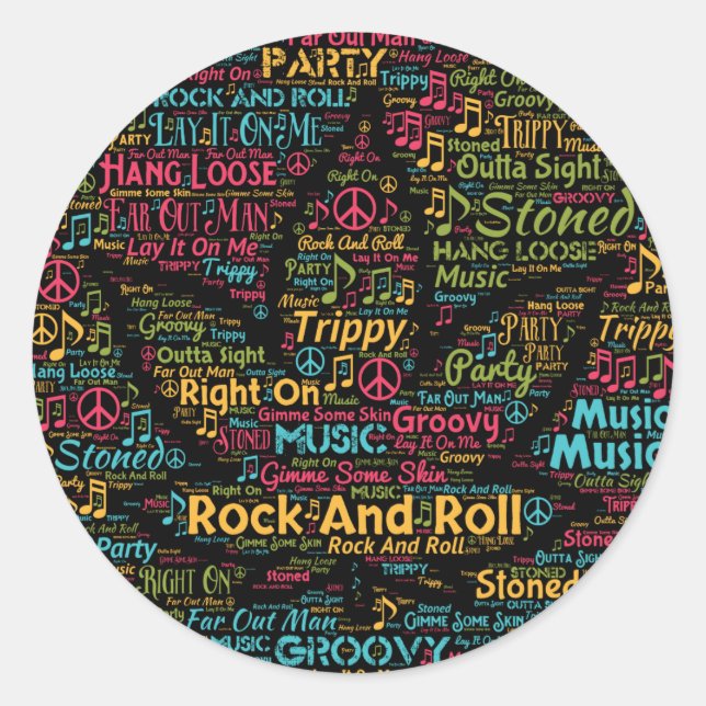 Rock and Roll Pot Leaf Word Art Classic Round Sticker (Front)
