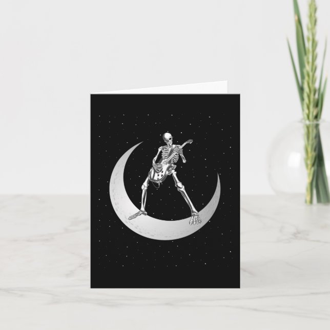 Rock And Roll Skeleton Playing Guitar Rock On Moon Card (Front)