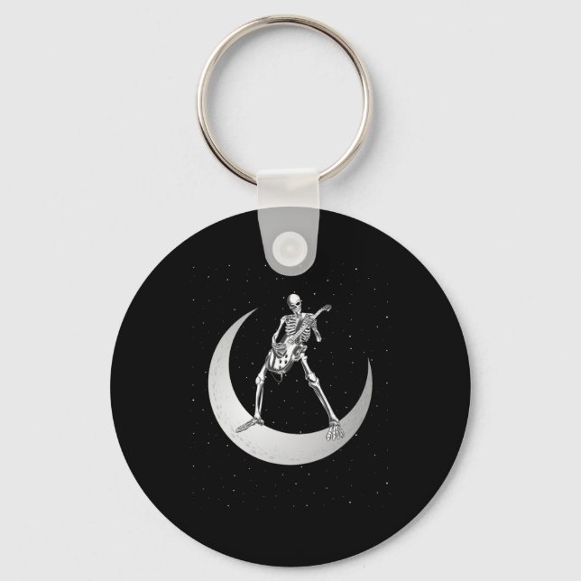 Rock And Roll Skeleton Playing Guitar Rock On Moon Keychain (Front)