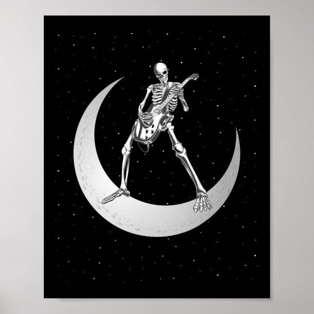 Rock And Roll Skeleton Playing Guitar Rock On Moon Poster (Front)