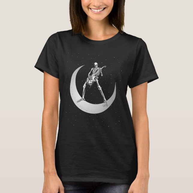 Rock And Roll Skeleton Playing Guitar Rock On Moon T-Shirt (Front)