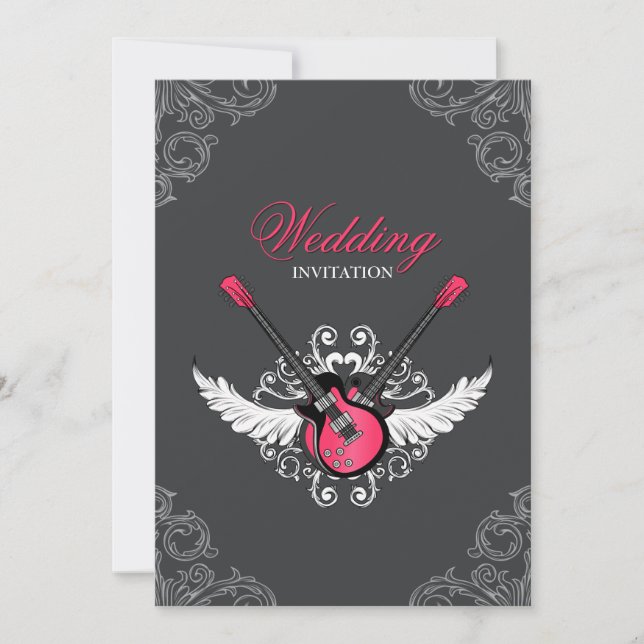 Rock and Roll Wedding Fuchsia Grey invitation (Front)