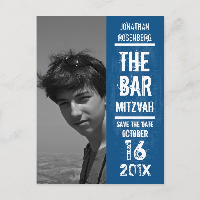Rock Band Bar Mitzvah Save the Date in Blue Announcement Postcard (Front)