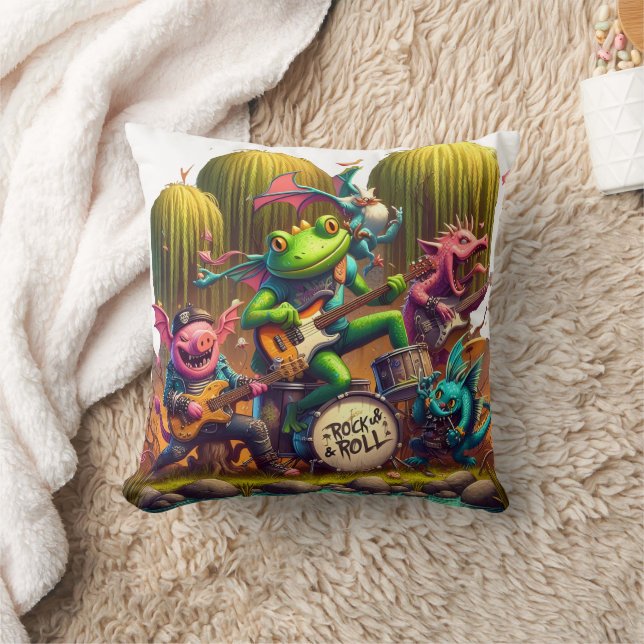 Rock Band of Colourful Creatures in Forest Setting Throw Pillow (Blanket)