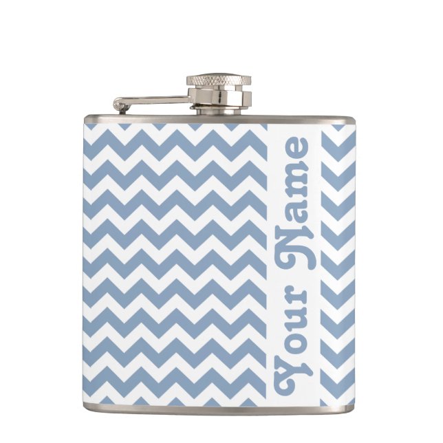 Rock Blue Safari Chevron with customizable name Hip Flask (Front)