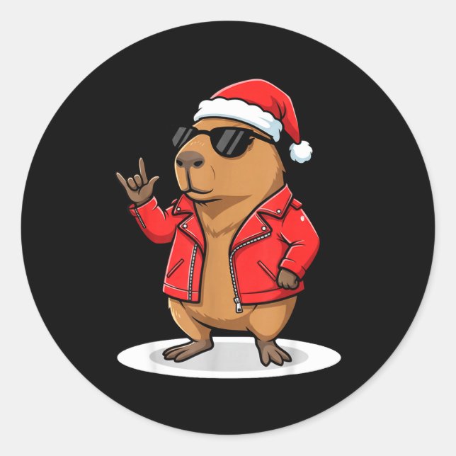 Rock Capybara Xmas Santa Men Women Kids Funny Ugly Classic Round Sticker (Front)