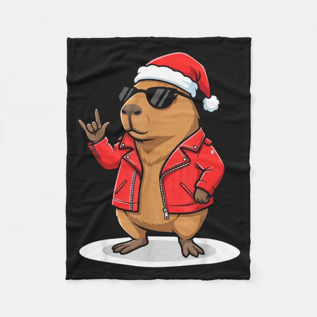 Rock Capybara Xmas Santa Men Women Kids Funny Ugly Fleece Blanket (Front)