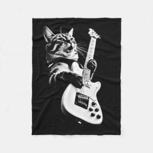 Rock Cat Playing Guitar - Funny Guitar Cat 1  Fleece Blanket