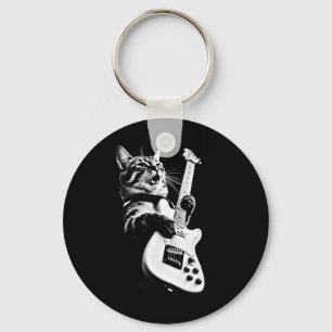 Rock Cat Playing Guitar - Funny Guitar Cat 1 Keychain