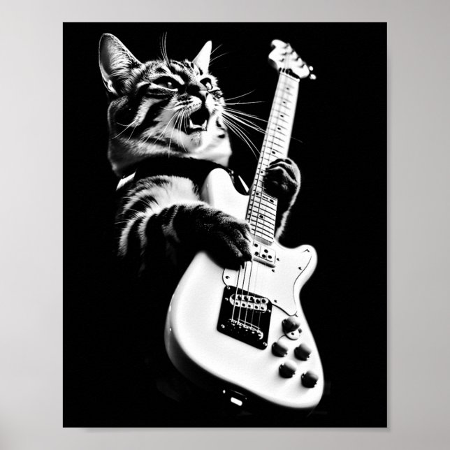 Rock Cat Playing Guitar - Funny Guitar Cat 1  Poster (Front)