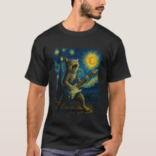 Rock Cat Playing Guitar Under Starry Night T-Shirt
