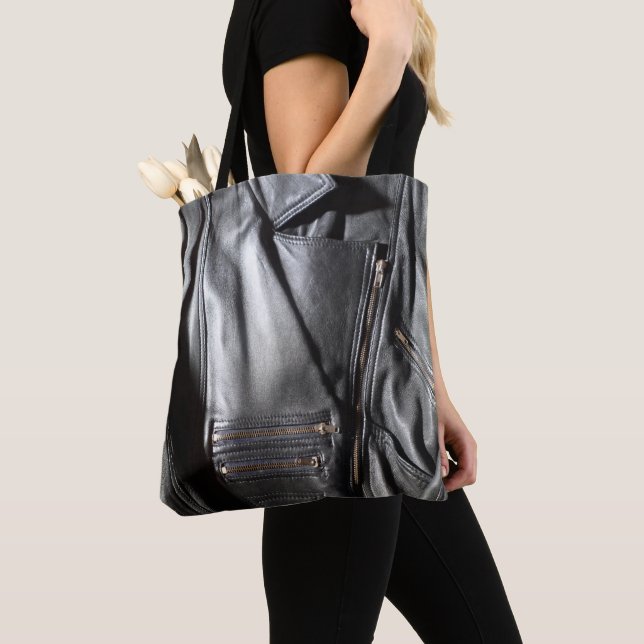 Rock Chick Black Faux Leather Biker Jacket Photo Tote Bag (Close Up)