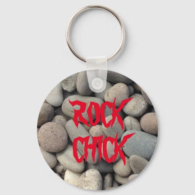 ROCK CHICK PEBBLE STONE BUTTON KEYRING (Front)