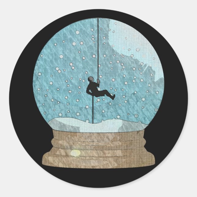 Rock climber rope repelling snow globe unique classic round sticker (Front)