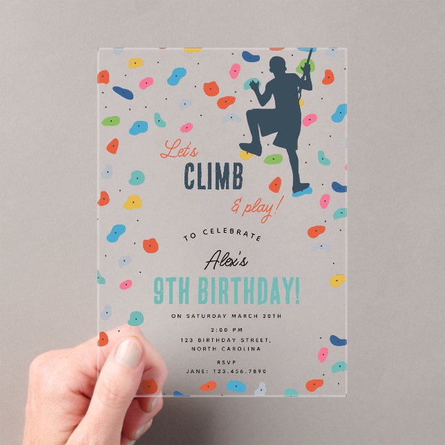 Rock Climbing Cute Kids Birthday Party Acrylic Invitations (Insitu (Handheld))
