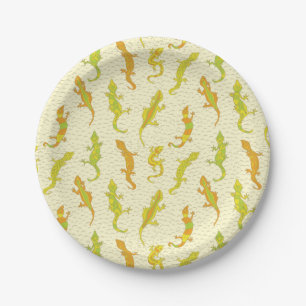 Rock Climbing Geckos on yellow - seamless pattern. Paper Plate