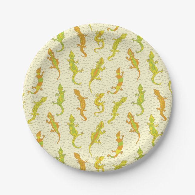 Rock Climbing Geckos on yellow - seamless pattern. Paper Plate (Front)