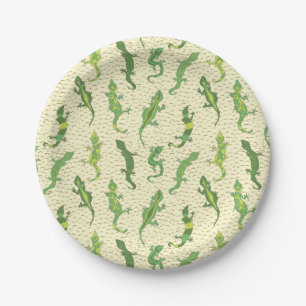 Rock Climbing Geckos on yellow - seamless pattern. Paper Plate