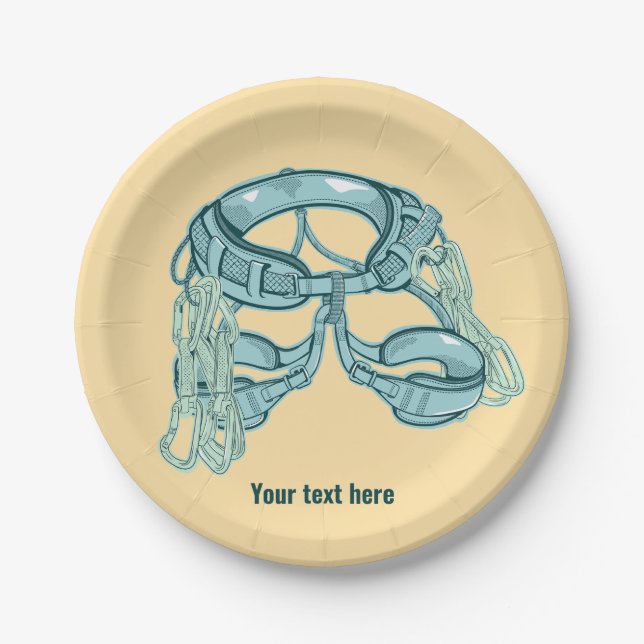 Rock climbing harness with quick draws paper plate (Front)