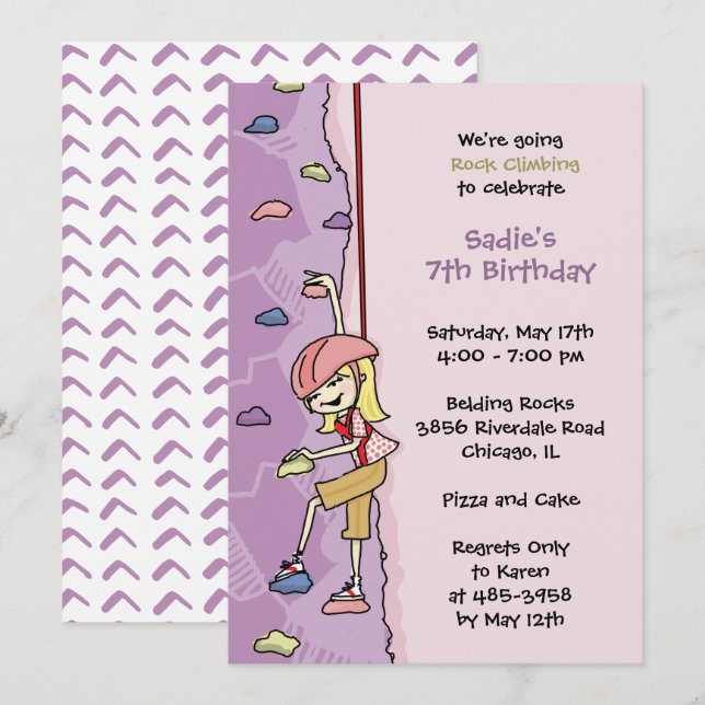 Rock Climbing Invitation: Blonde Hair Birthday  Invitation (Front/Back)